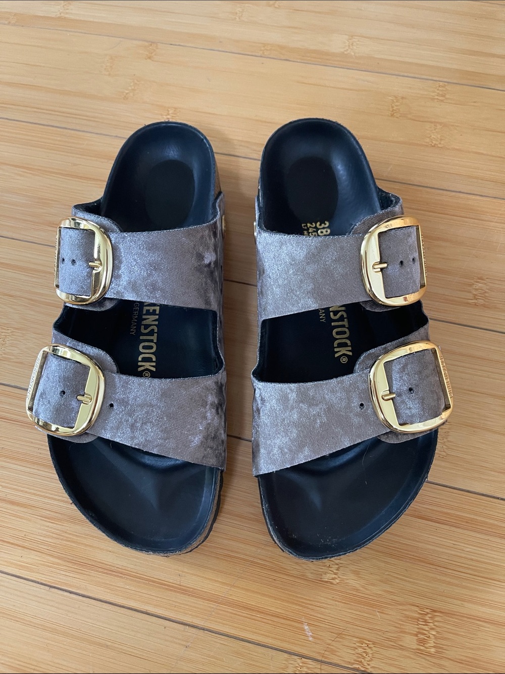 Birkenstock Arizona Velvet Large Double-Buckle Sandals in Taupe 38 Women NWOT